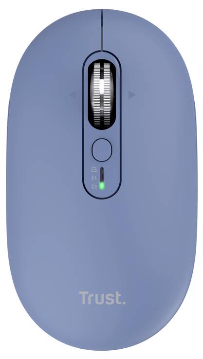 Blauw Trust draadloze muis van bovenaf weergegeven met scrollwiel, centrale knop en verlichte batterij-/statusindicator.