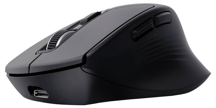 Zwarte draadloze computermuis weergegeven in zijaanzicht op een witte achtergrond.