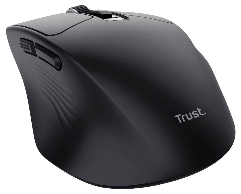 Black Trust draadloze computermuis weergegeven onder een hoek op een witte achtergrond.