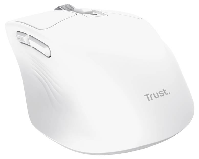 Witte Trust draadloze computermuis met scrollwiel en zijknoppen, weergegeven op een effen achtergrond.