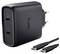 Zwarte Black Trust wandlader met twee USB-C poorten en inbegrepen USB-C kabels, afgebeeld met EU-stekkerpennen.