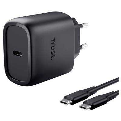 Black Trust stroomadapter met USB-C poort en afneembare USB-C kabel afgebeeld op een witte achtergrond.