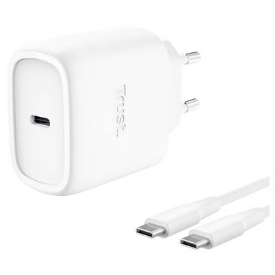 Witte USB-C wandlader met Europese twee-pins stekker en twee USB-C-kabels ernaast afgebeeld op een witte achtergrond.