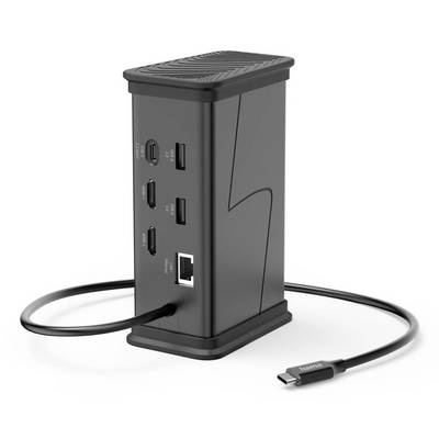 Zwarte multiport-oplaadkabel met meerdere USB-poorten en een Ethernet-aansluiting, weergegeven met aangesloten kabels op een witte achtergrond.