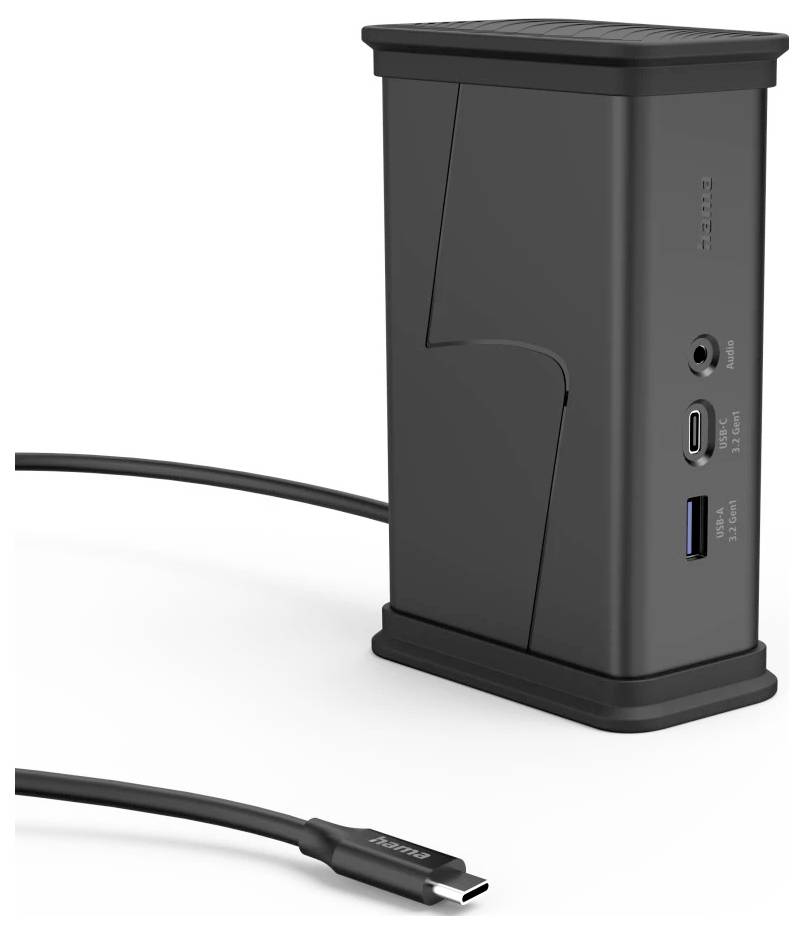 Zwarte verticale USB-C hub/dockingstation met voeding en USB-poorten, weergegeven verbonden via een kabel.