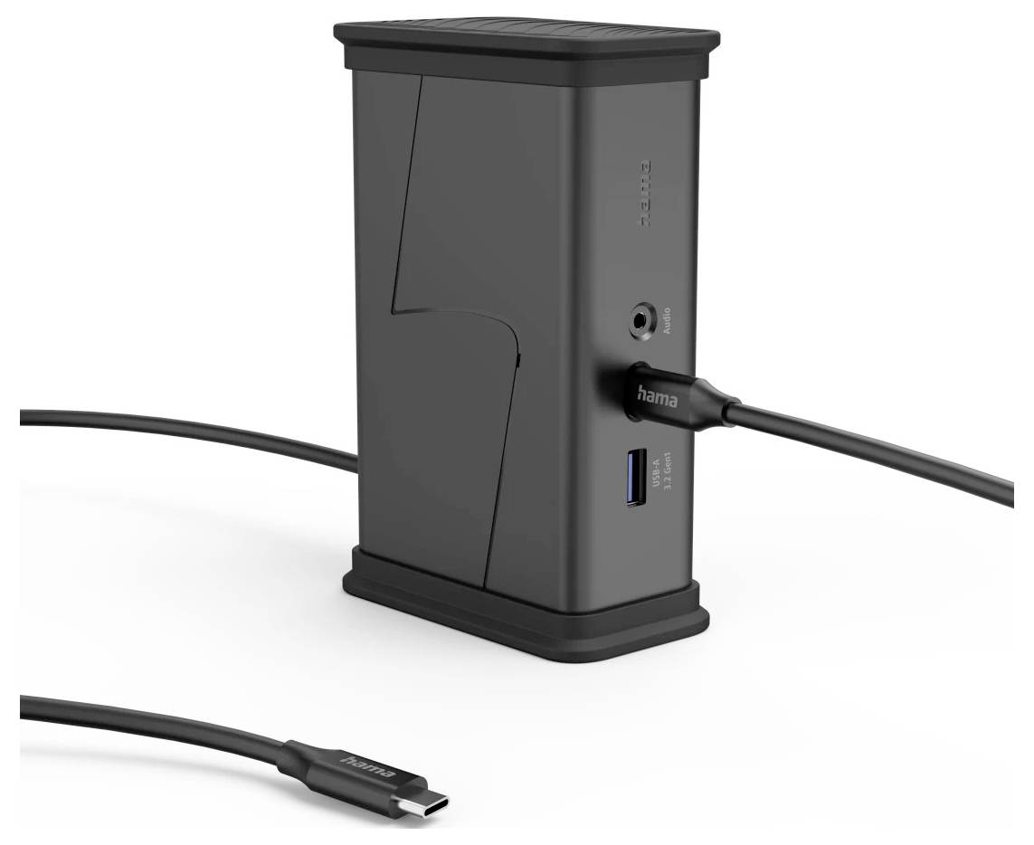 Zwarte verticale dockingstation met aangesloten kabels en poorten, inclusief HDMI, USB-A en audiojack, weergegeven op een witte achtergrond.