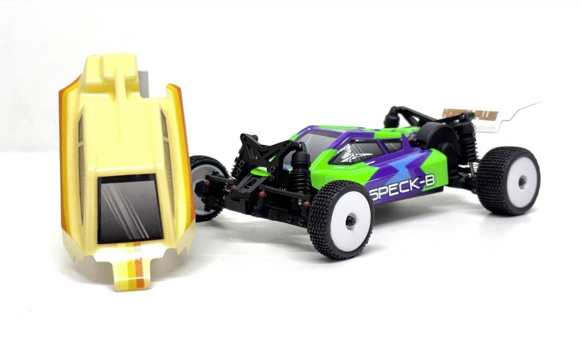 Twee RC-autobodies op een witte achtergrond: een gele schaal rechtop naast een zwart, groen en paars 'SPECK-S' buggy-chassis.