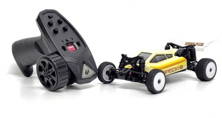 RC-controller naast een geel-zwarte afstandsbediening buggy auto op een witte achtergrond