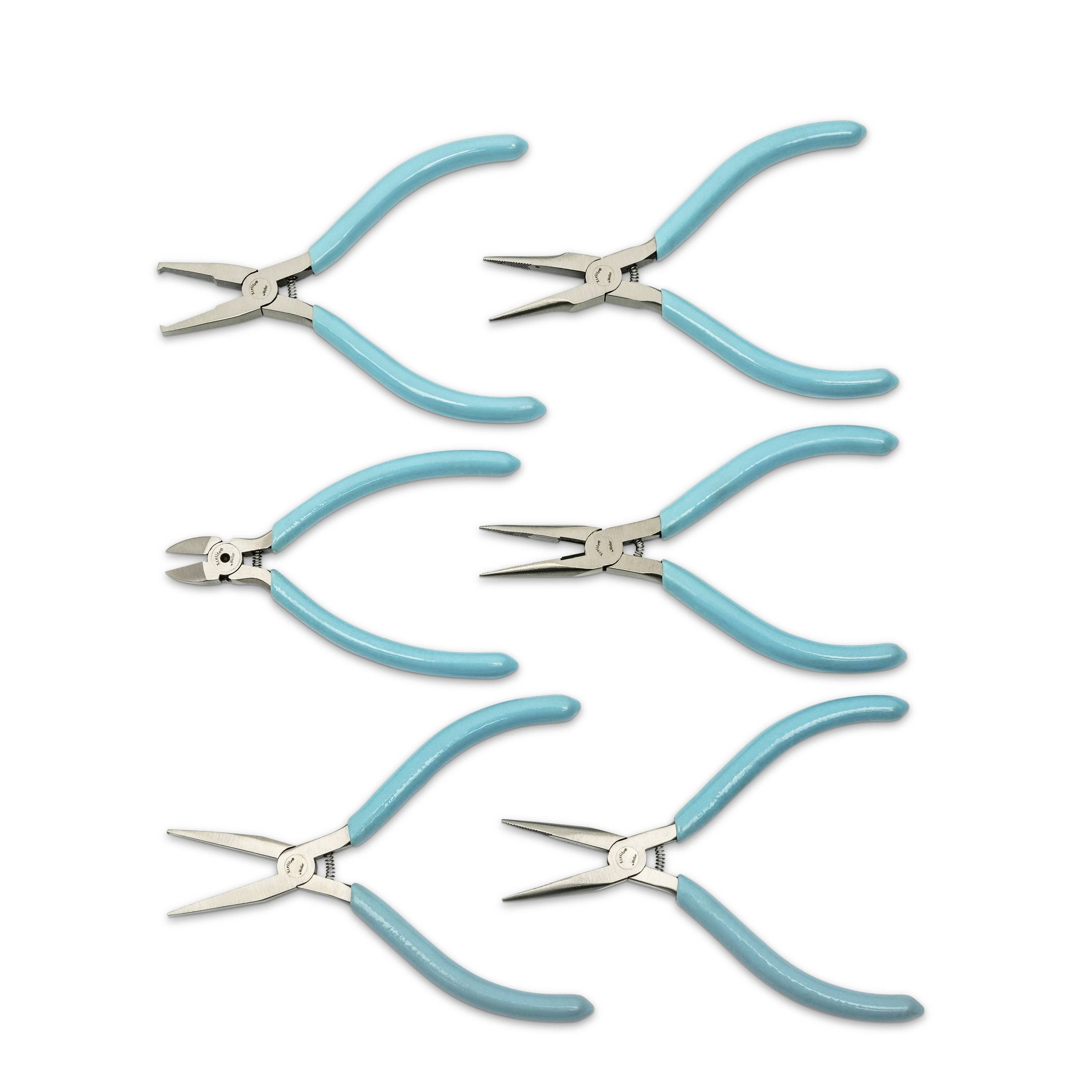 Zes tangen en knipmachines met turquoise handgrepen gerangschikt in een 2-bij-3 raster op een witte achtergrond.