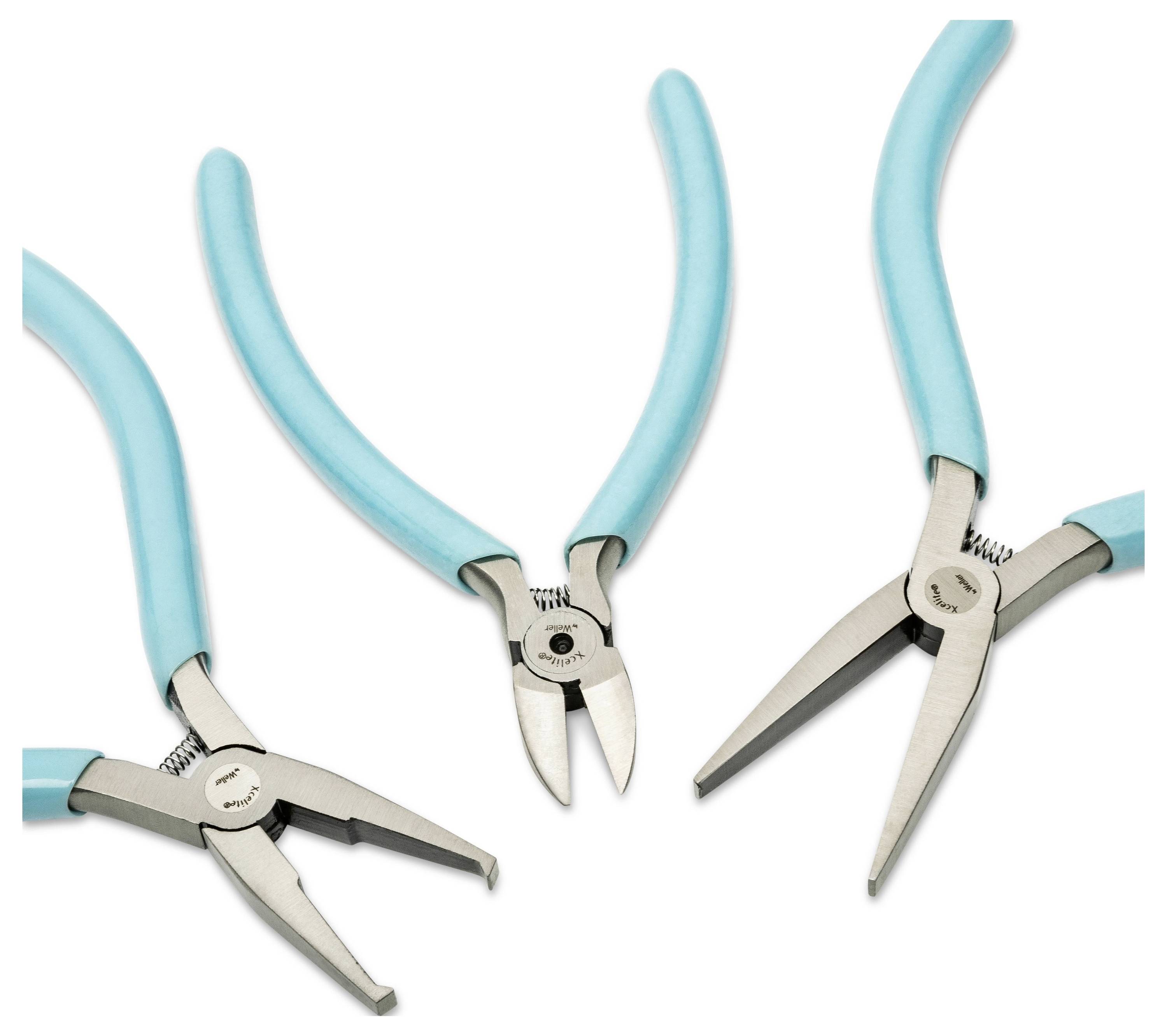 Drie Tang met turquoise handgrepen weergegeven op een witte achtergrond: gebogen-neus, rond-neus, en lange-neus Tang.