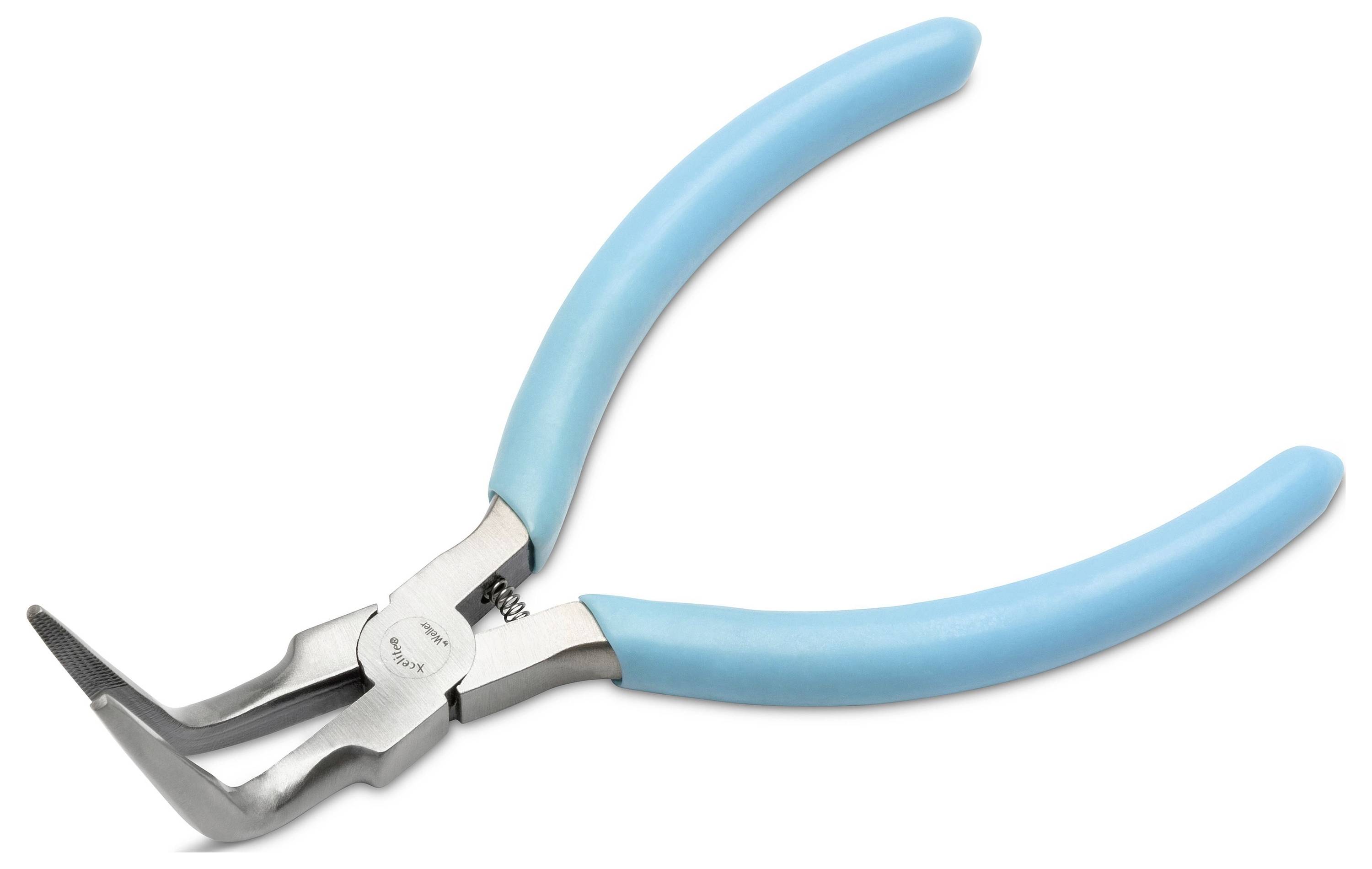Blauwe buigtang met gebogen neus en schuine bekken, weergegeven op een witte achtergrond.