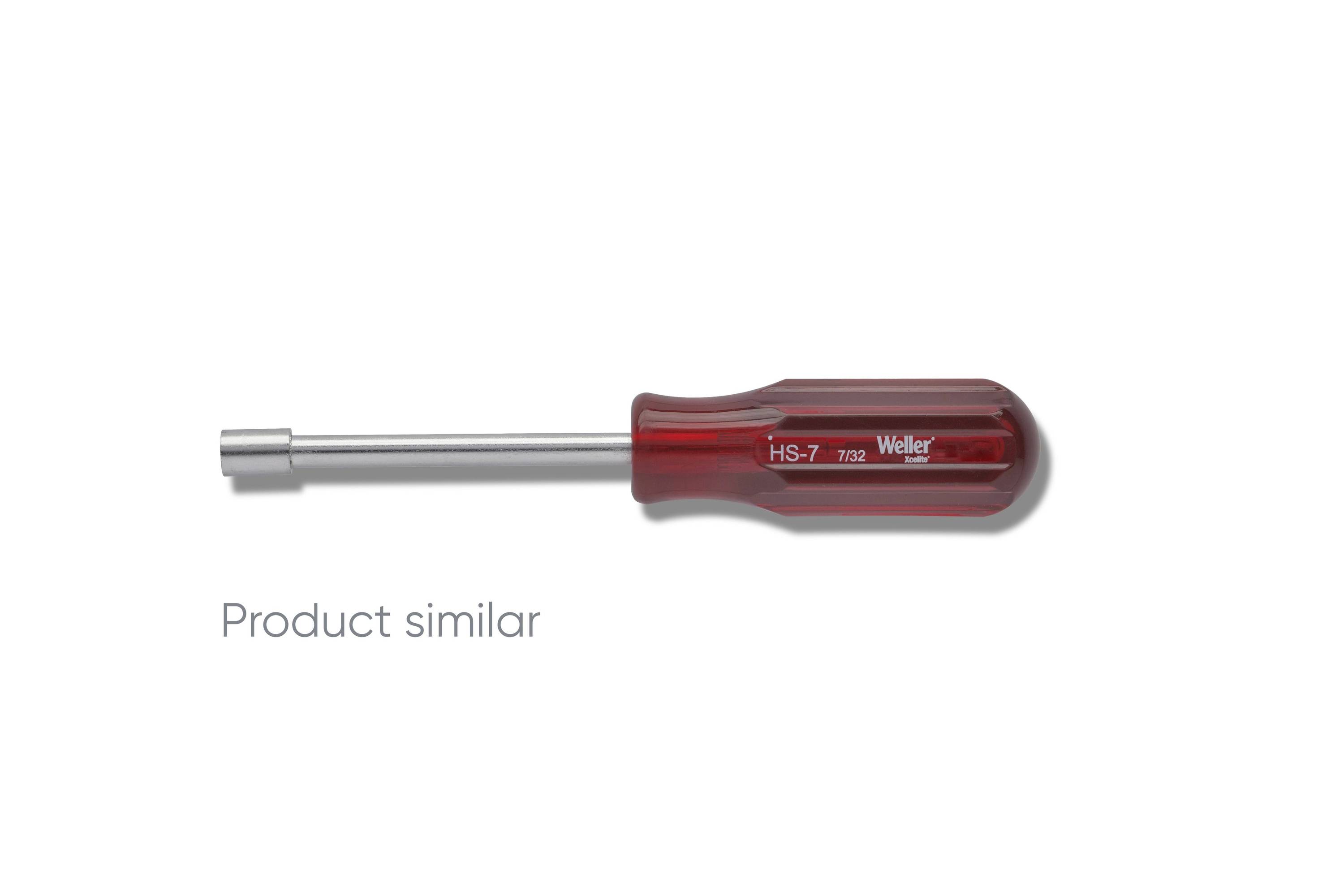 Een schroevendraaier met een rood handvat en zilveren schacht op een witte achtergrond, gelabeld 'Vergelijkbaar product'.
