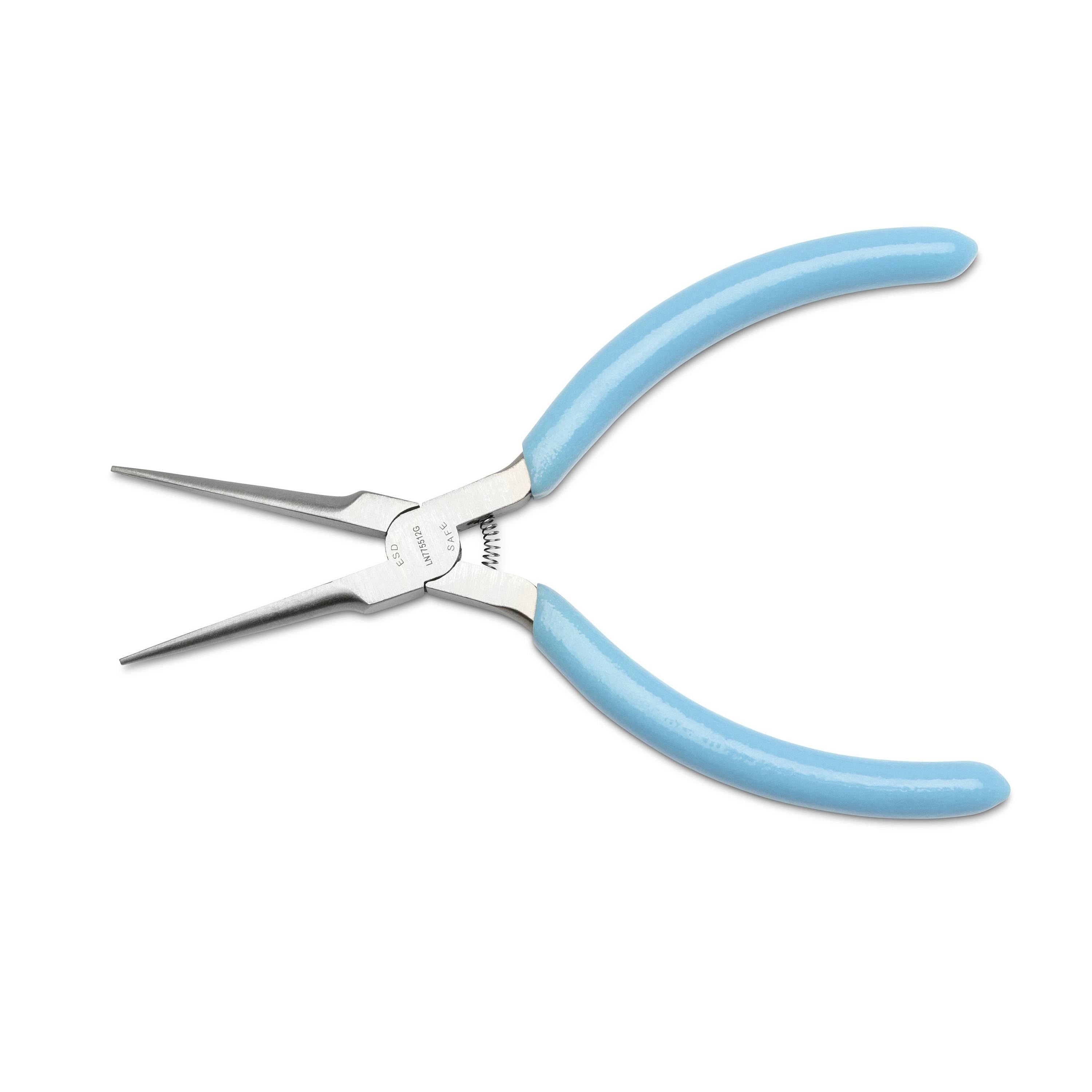 Blauw-grijze spitsbektang met lange, smalle buigen op een witte achtergrond.