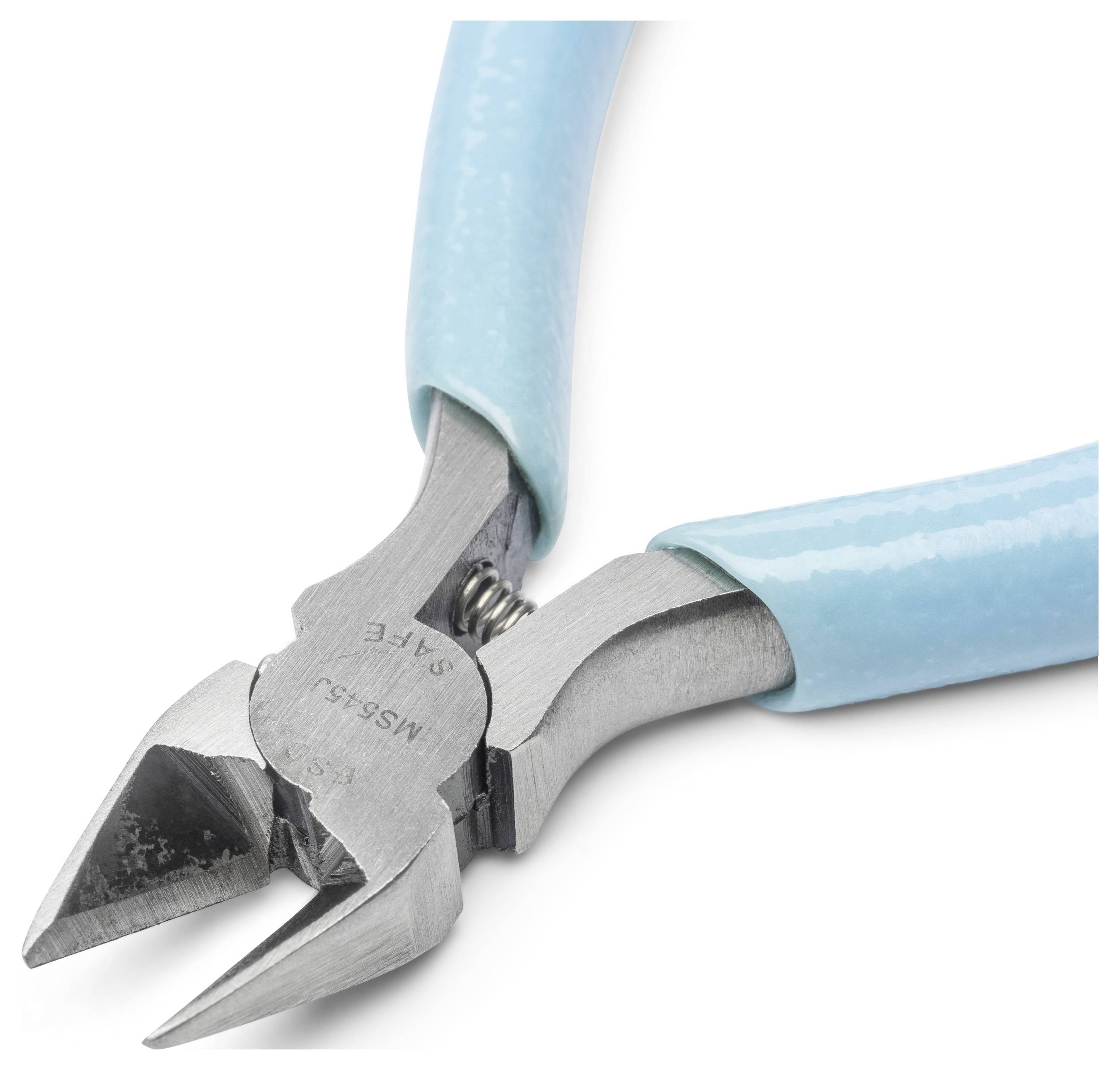 Blauwe diagonale knijptang met metalen bekken op een witte achtergrond.