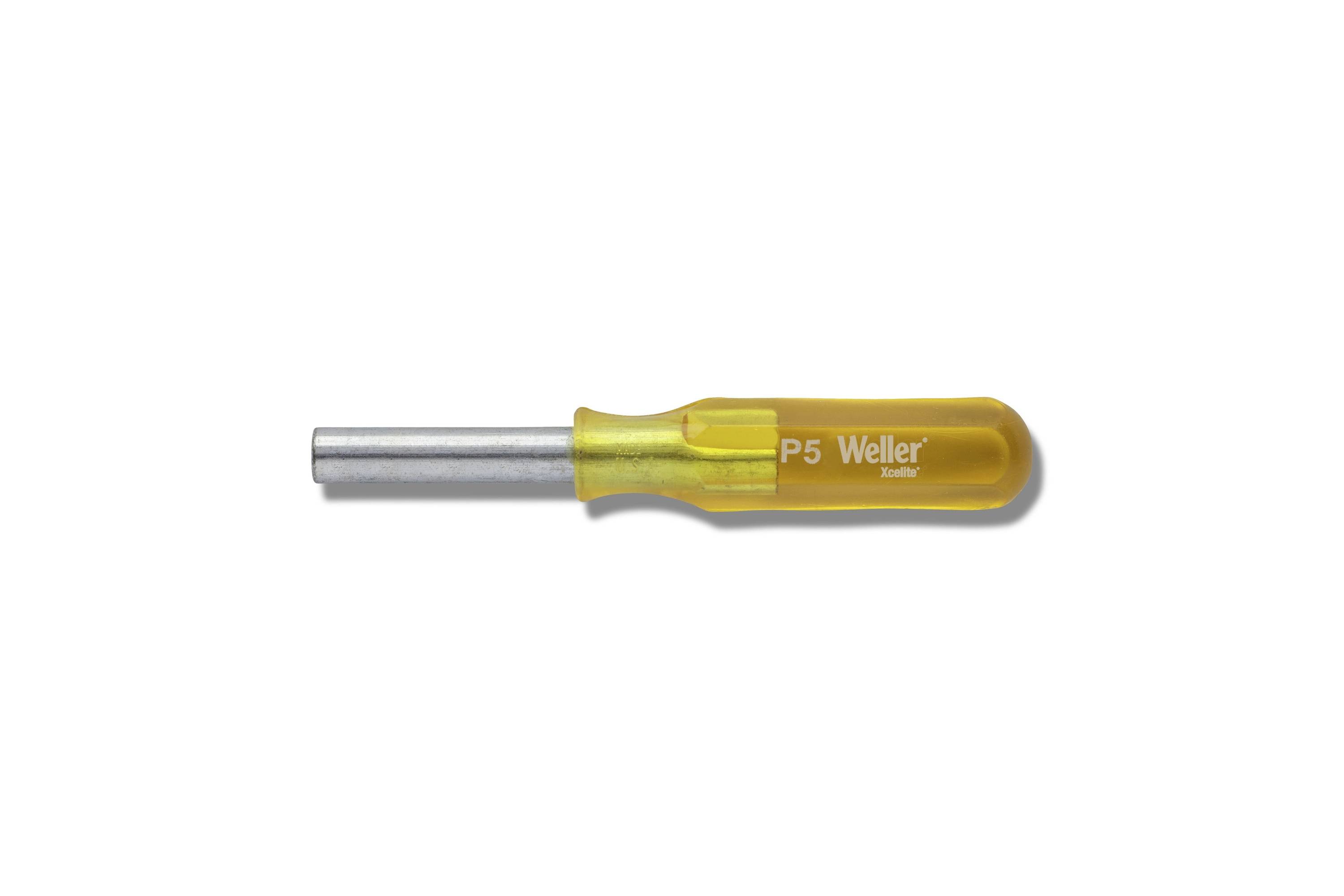 Geel-handvat Weller P5 schroevendraaier met metalen schacht, weergegeven op een effen witte achtergrond.