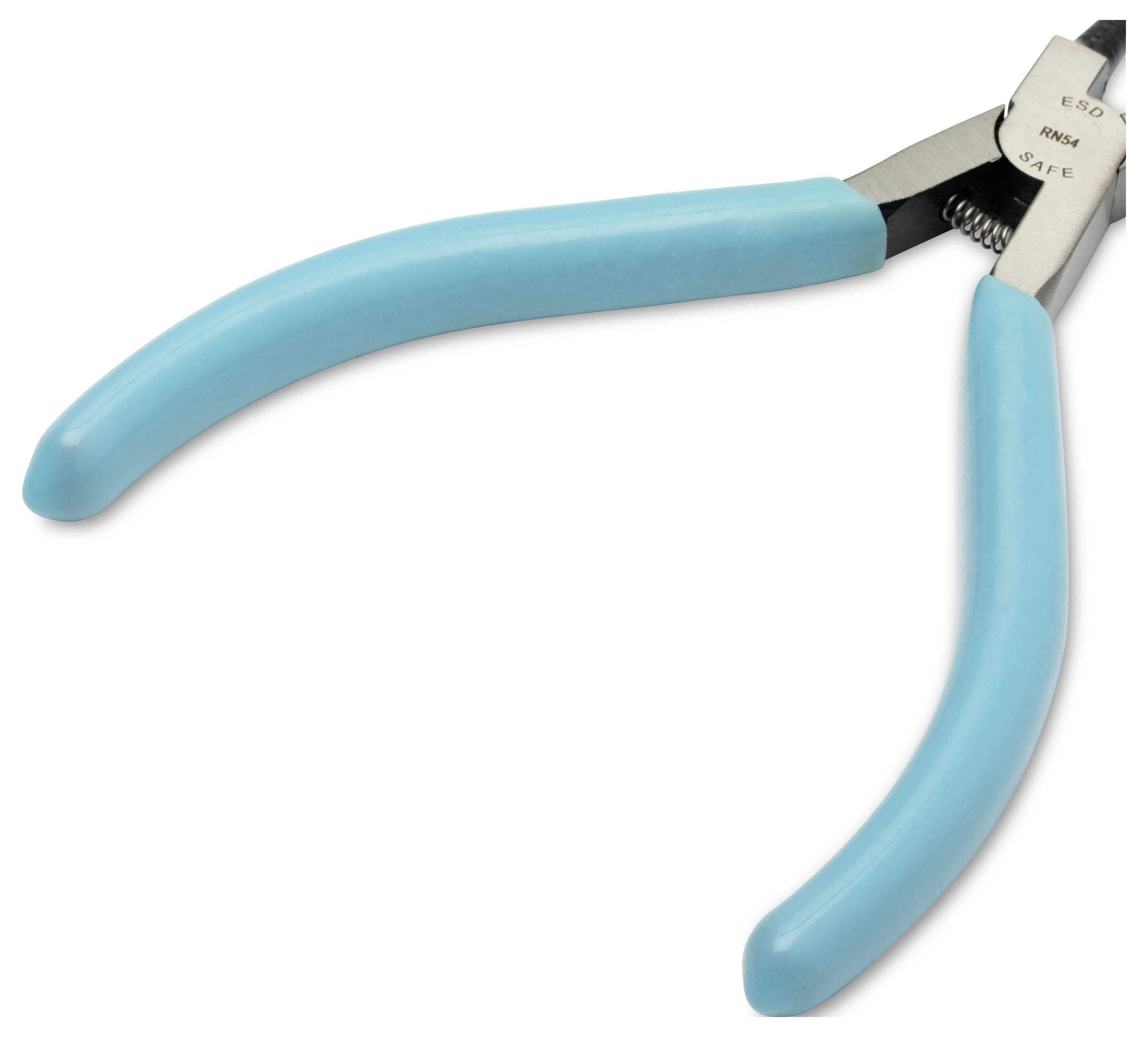 Een paar draadknipscharen met turquoise handvaten op een witte achtergrond, onder een hoek geplaatst met zichtbare open kaken.