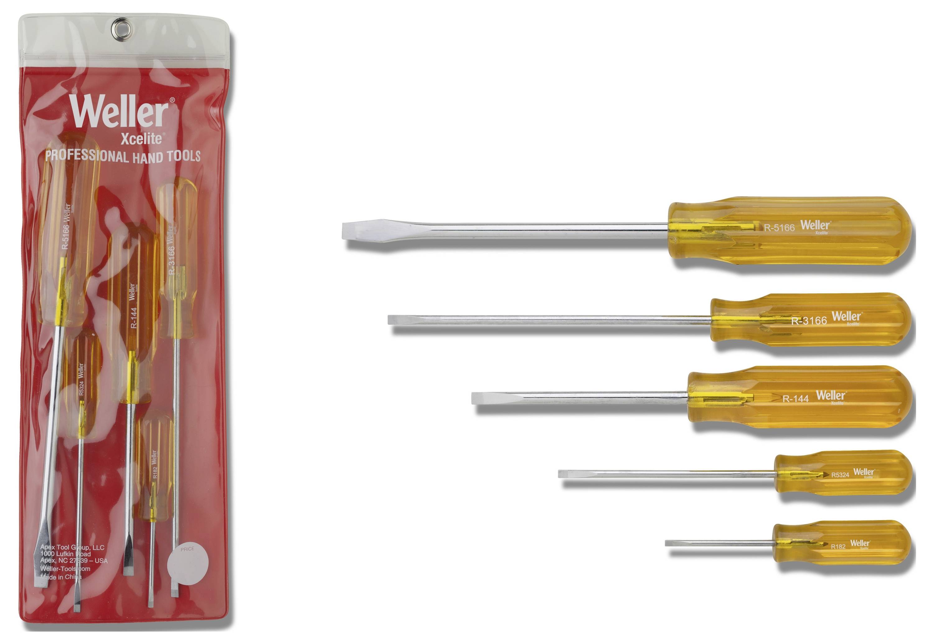 Weller Xcelite professionele handgereedschapset met vijf schroevendraaiers en een rode hangtas op een witte achtergrond.
