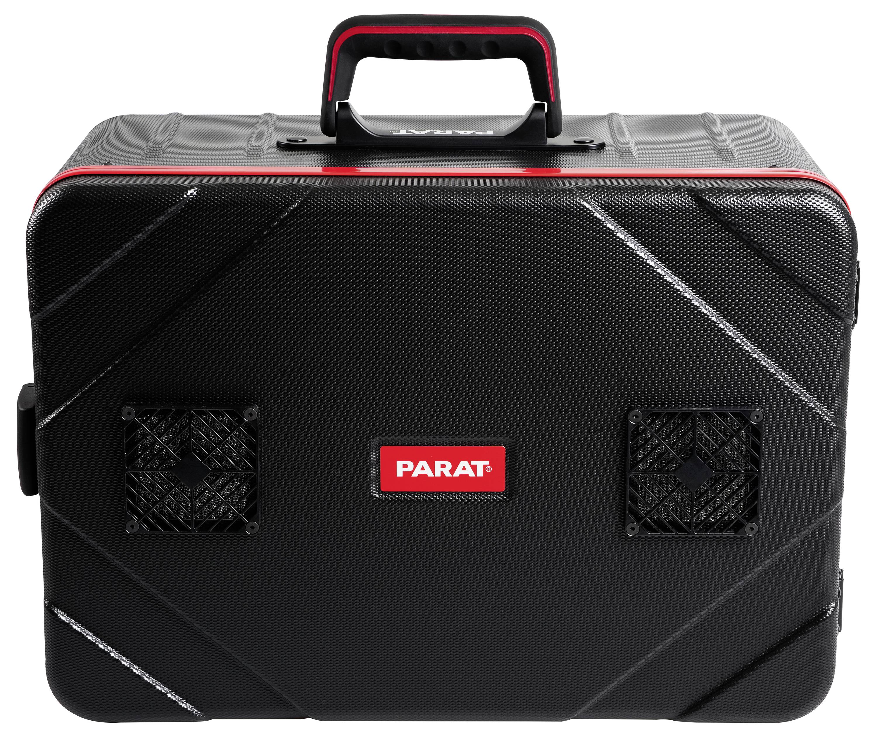 Zwarte hard-shell draagtas met handvat en rood accent, voorzien van het label 'PARAT' aan de voorkant.