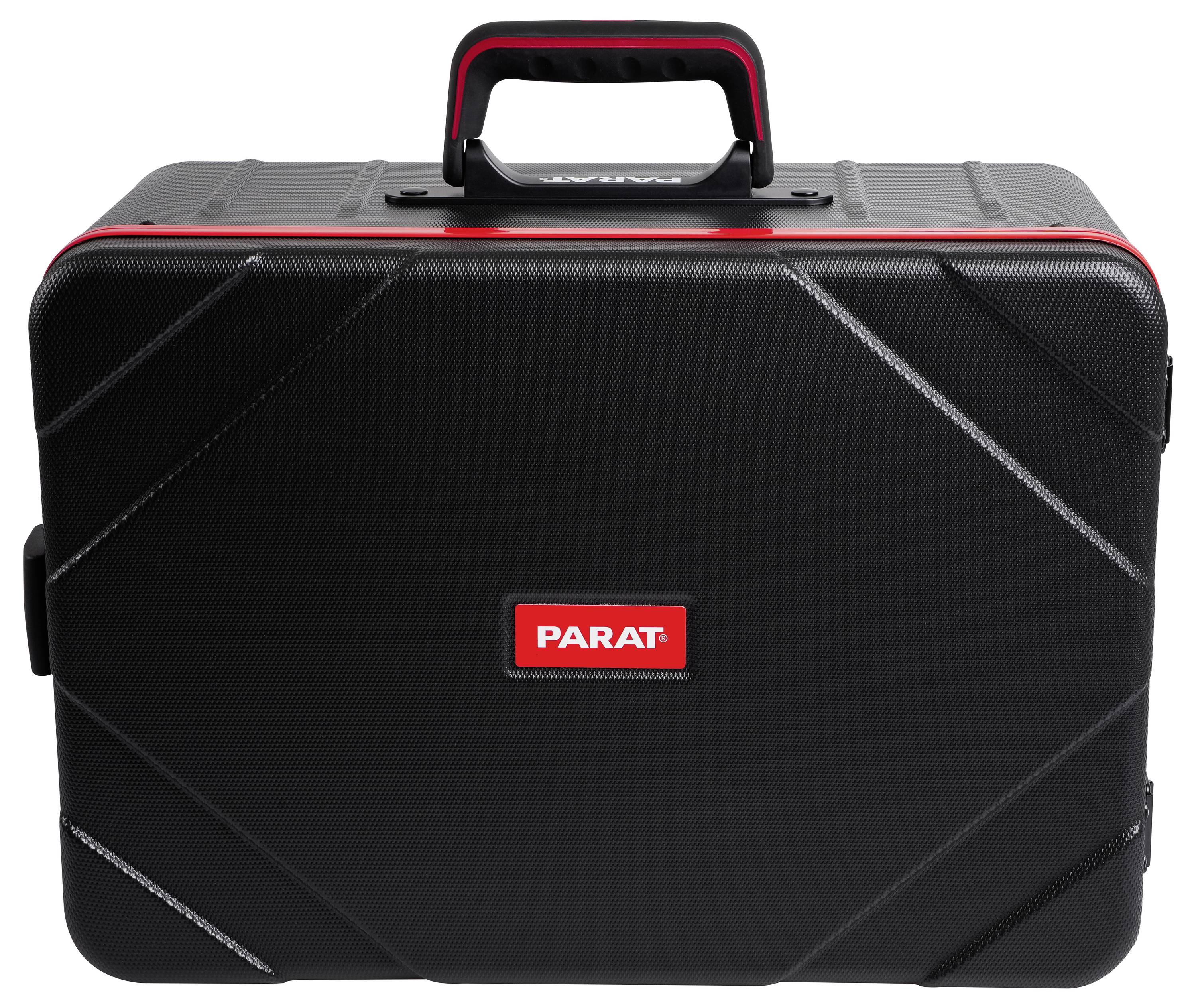Zwarte hardcase aktetas met rode accenten en een topgreep, op de voorkant gemerkt 'PARAT'.