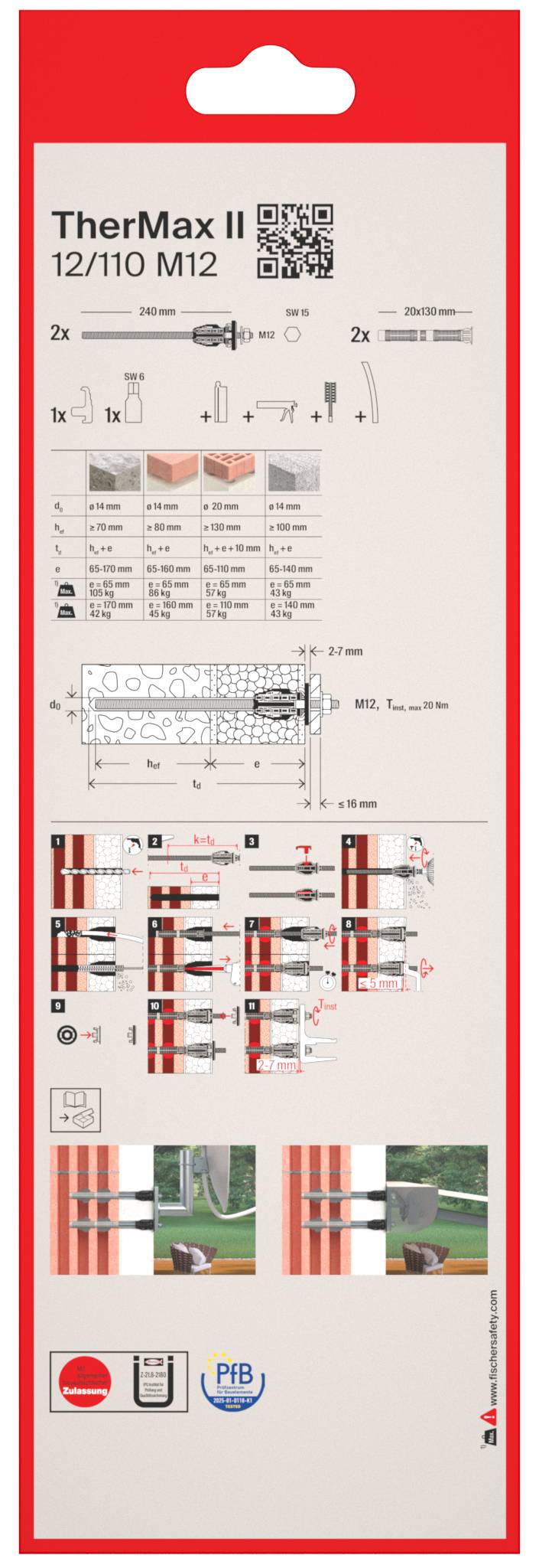 TherMax II 12/110 M12 expansieanker productlabel met ankergroottes, installatiehandleidingen, belastingstabel en gebruiksafbeeldingen.