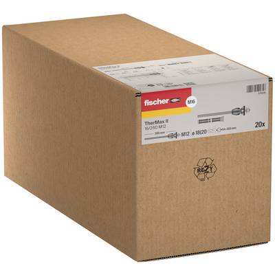 Kartonnen productdoos gelabeld 'fischer TherMax II' met M16-hardware en hoeveelheid 20x afgedrukt op de voorkant.
