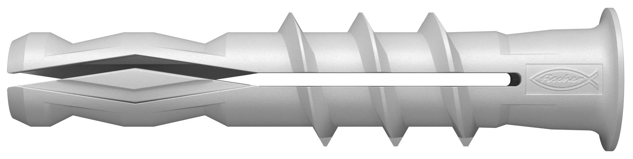 Zilveren kunststof schroefplug met sleufvormige tip en uitstaande ribben, weergegeven horizontaal op een witte achtergrond.