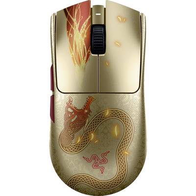 Decoratieve gouden gaming muis met rode drakentekening en gloeiendo gloeeiende accenten op de behuizing.
