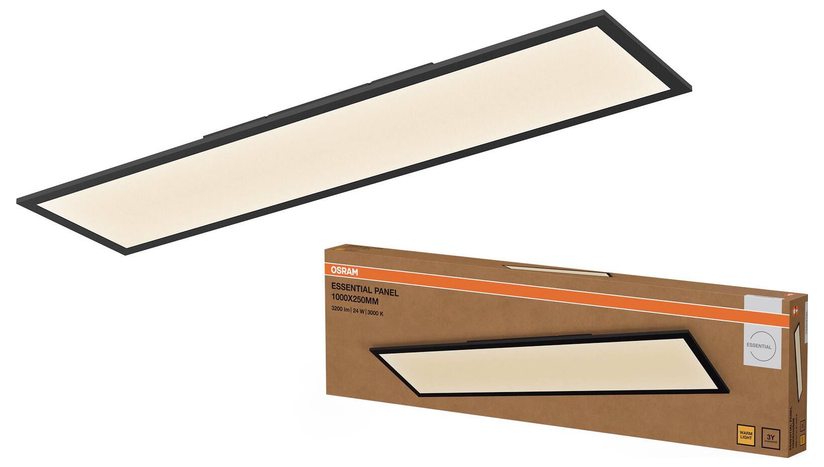 Rechthoekig LED-paneellicht met zwarte rand, weergegeven boven zijn oranje productdoospakking.