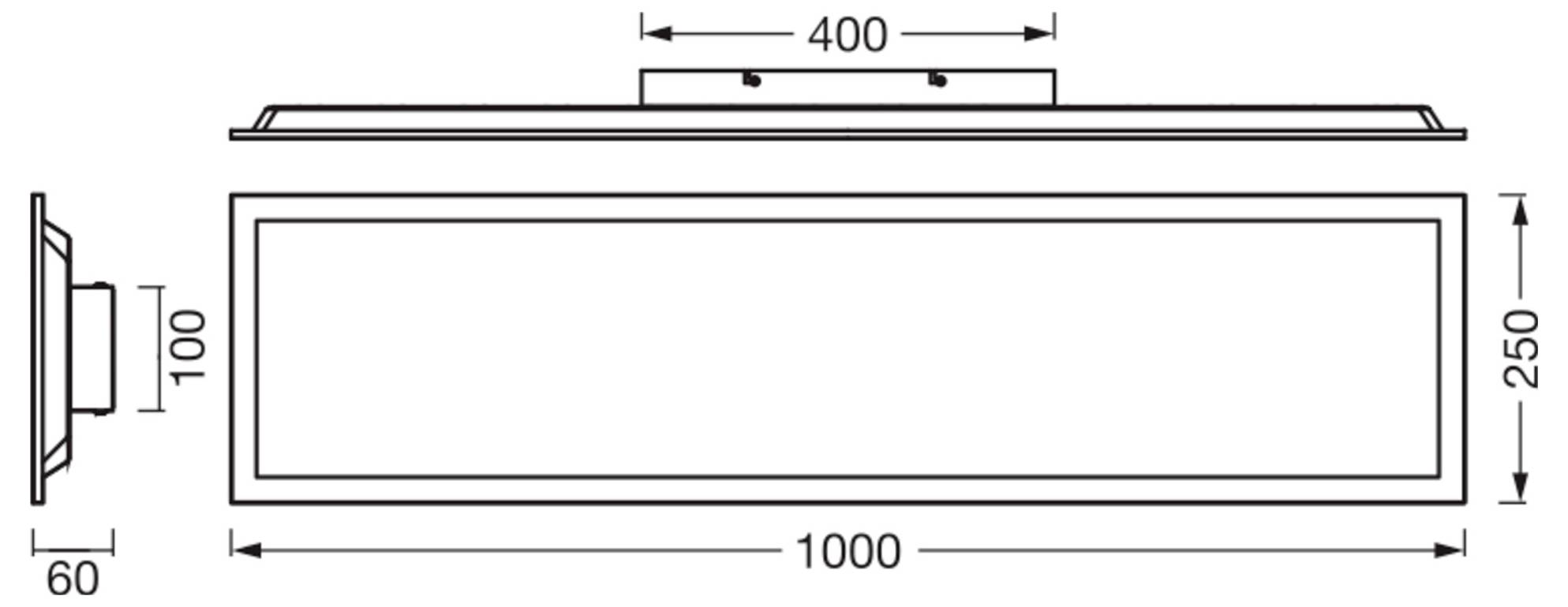 Technische lijntekening van een rechthoekig aan de muur gemonteerd paneel, met voor- en zijkanten met afmetingen gelabeld 1000 mm breed, 250 mm hoog, 400 mm bovenste gedeelte, 110 mm diepte, en 60 mm basis.