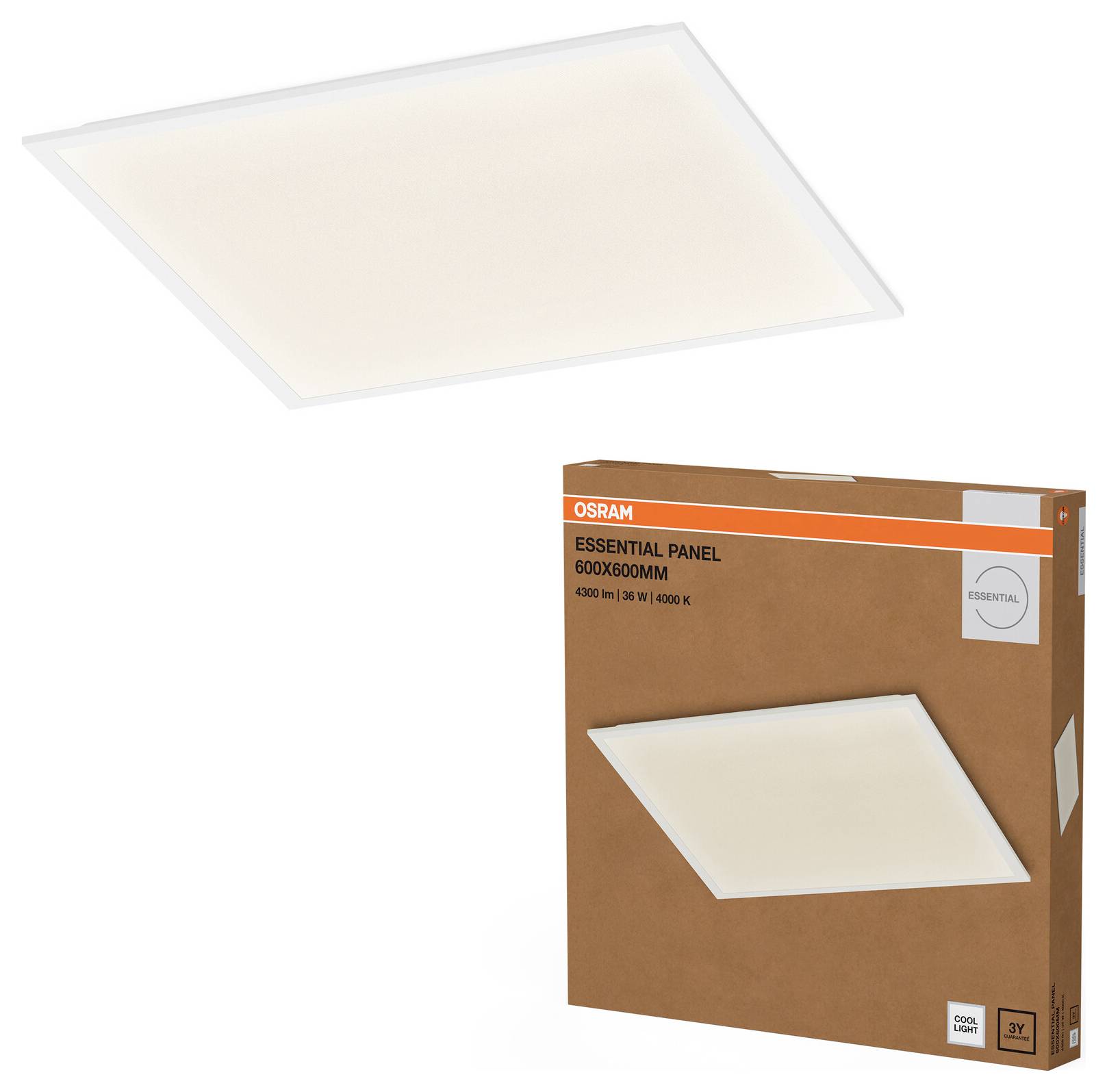 OSRAM Essential Panel LED plafondlamp, 600 x 600 mm, getoond geïnstalleerd boven zijn originele verpakkingsdoos.