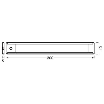 Technische tekening van een lange rechthoekige staaf, gelabeld 300 mm breed en 40 mm hoog, met een 6 mm eindsectie en bevestigingsgaten.