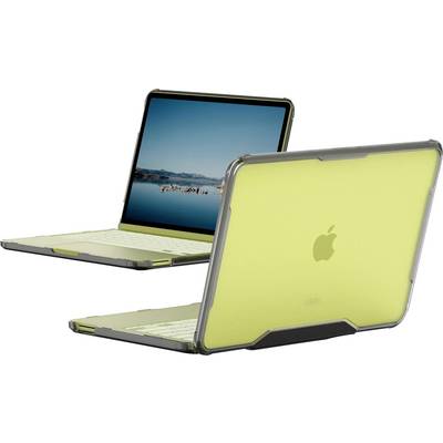 Twee MacBook-laptops in limegroen beschermhoesjes, waarvan één open met een landschapachietergrond en één gesloten op de voorgrond.