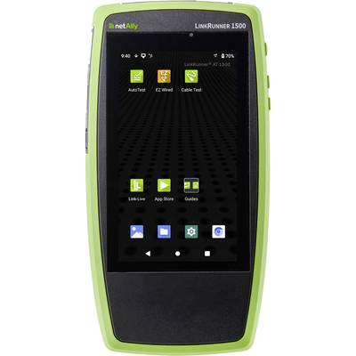 Handheld netAlly LinkRunner 1500 netwerktester met startscherm met app-pictogrammen voor AutoTest, EZ Wired, Cable Test, Link-Live, App Store en Guides.