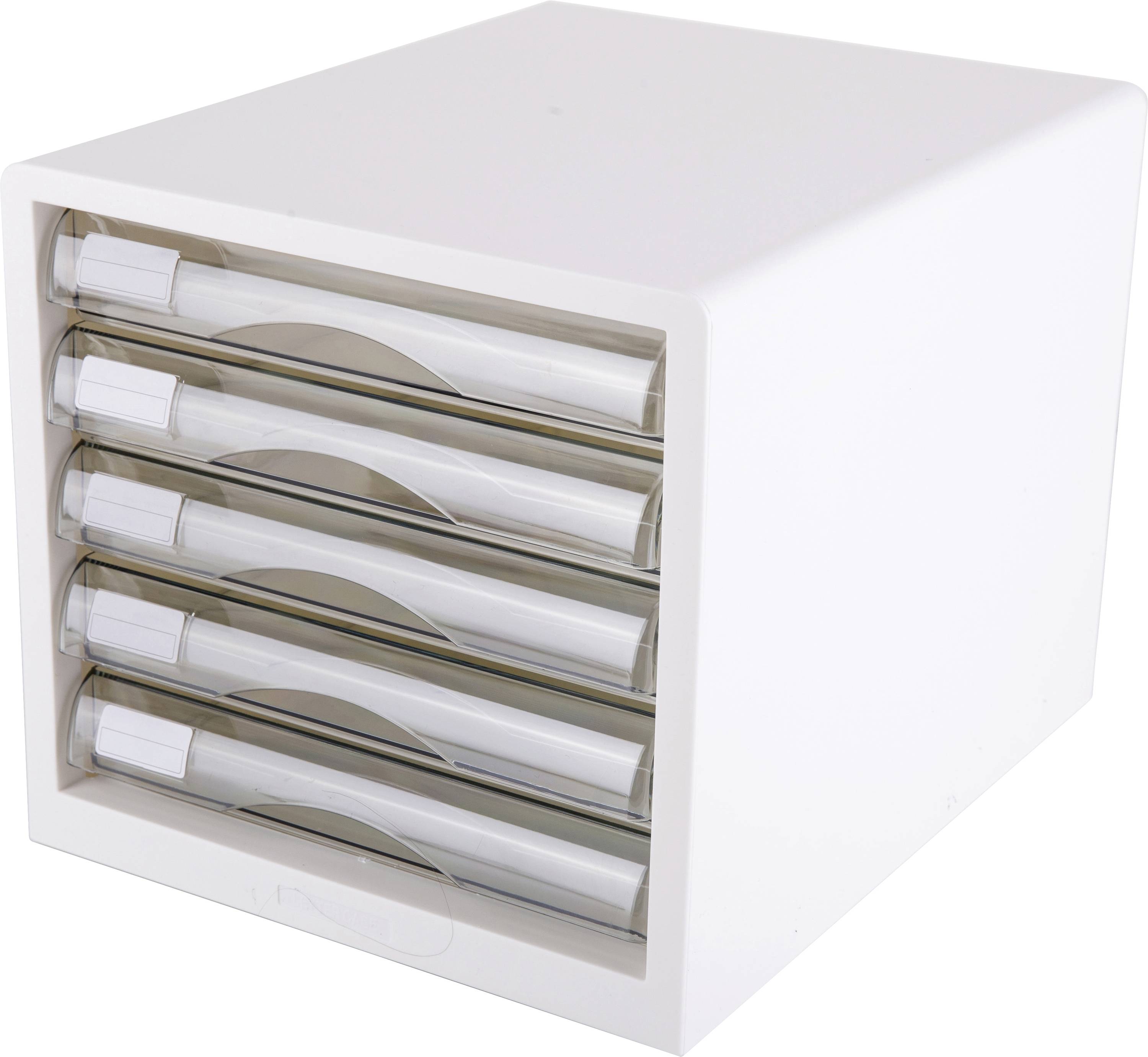 Witte kunststof ladekast met vier doorzichtige voorpanelen en uittrekbare laden, weergegeven onder een hoek tegen een neutrale achtergrond.
