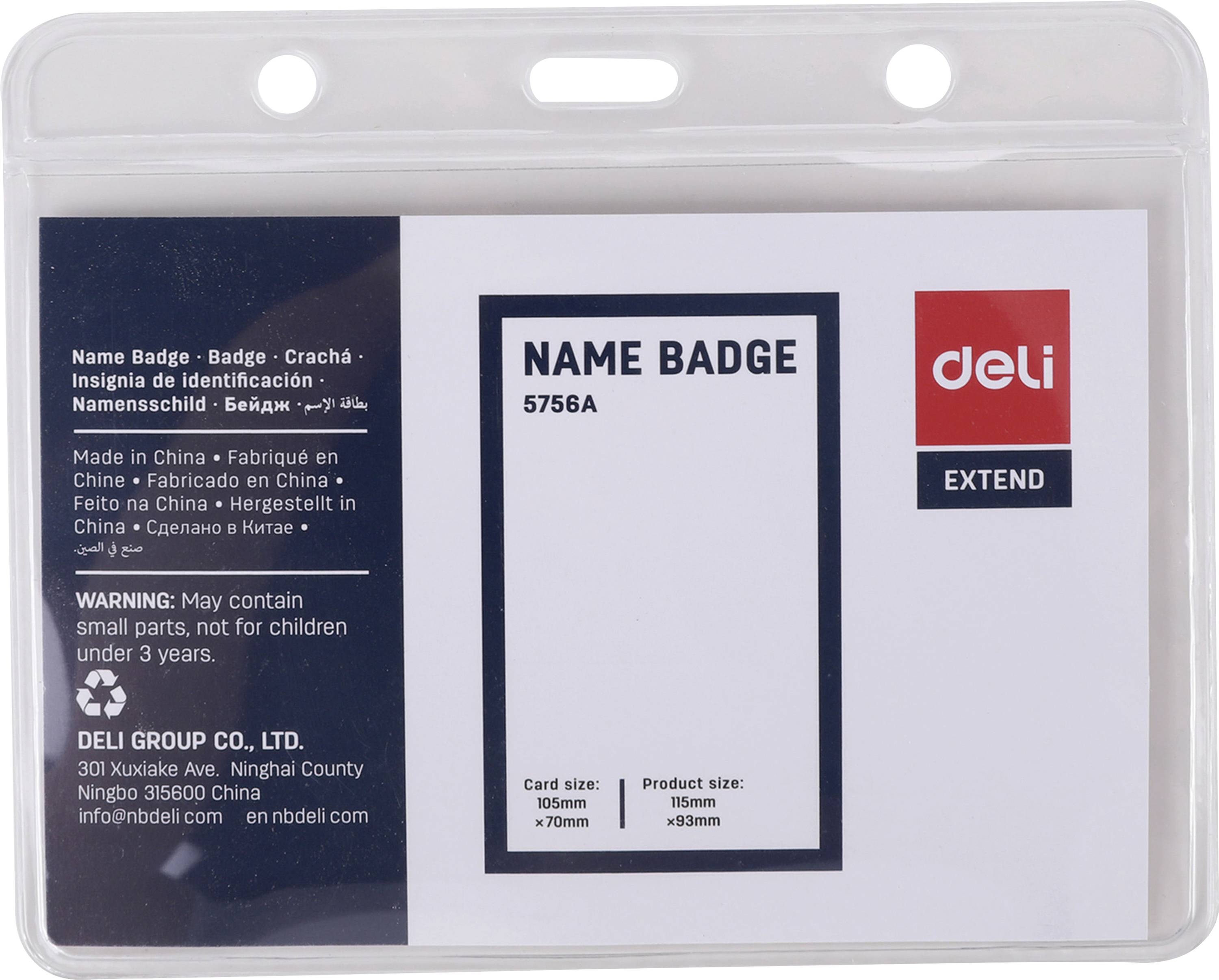 Doorzichtig kunststof verpakking bevattende een Deli 'NAAMKAARTJE' met invoegsjabloon, artikelnummer 5756A, en waarschuwingstekst.