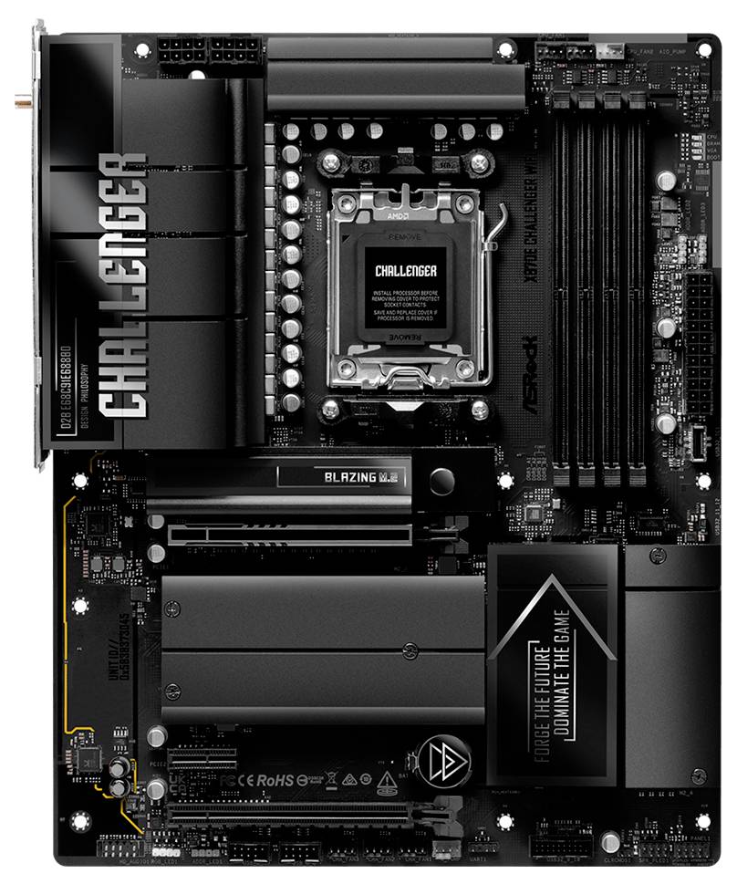 Zwarte ASRock Challenger moederbord met Intel CPU-socket, meerdere RAM-sleuven, PCIe-sleuven, koellichamen en RGB-verlichting.