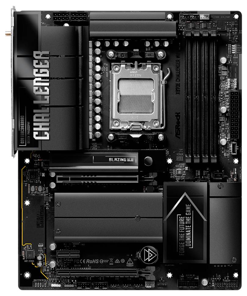 ASRock Phantom Gaming moederbord met Intel CPU-socket, RAM-slots, PCIe-slots, koellichamen en 'Challenger'-branding