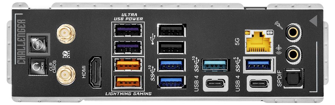 Achterkant I/O-paneel van een Gigabyte-moederbord met HDMI, USB-C, meerdere USB-A-poorten, Ethernet, Wi-Fi-antennestekkers en audiojacks.