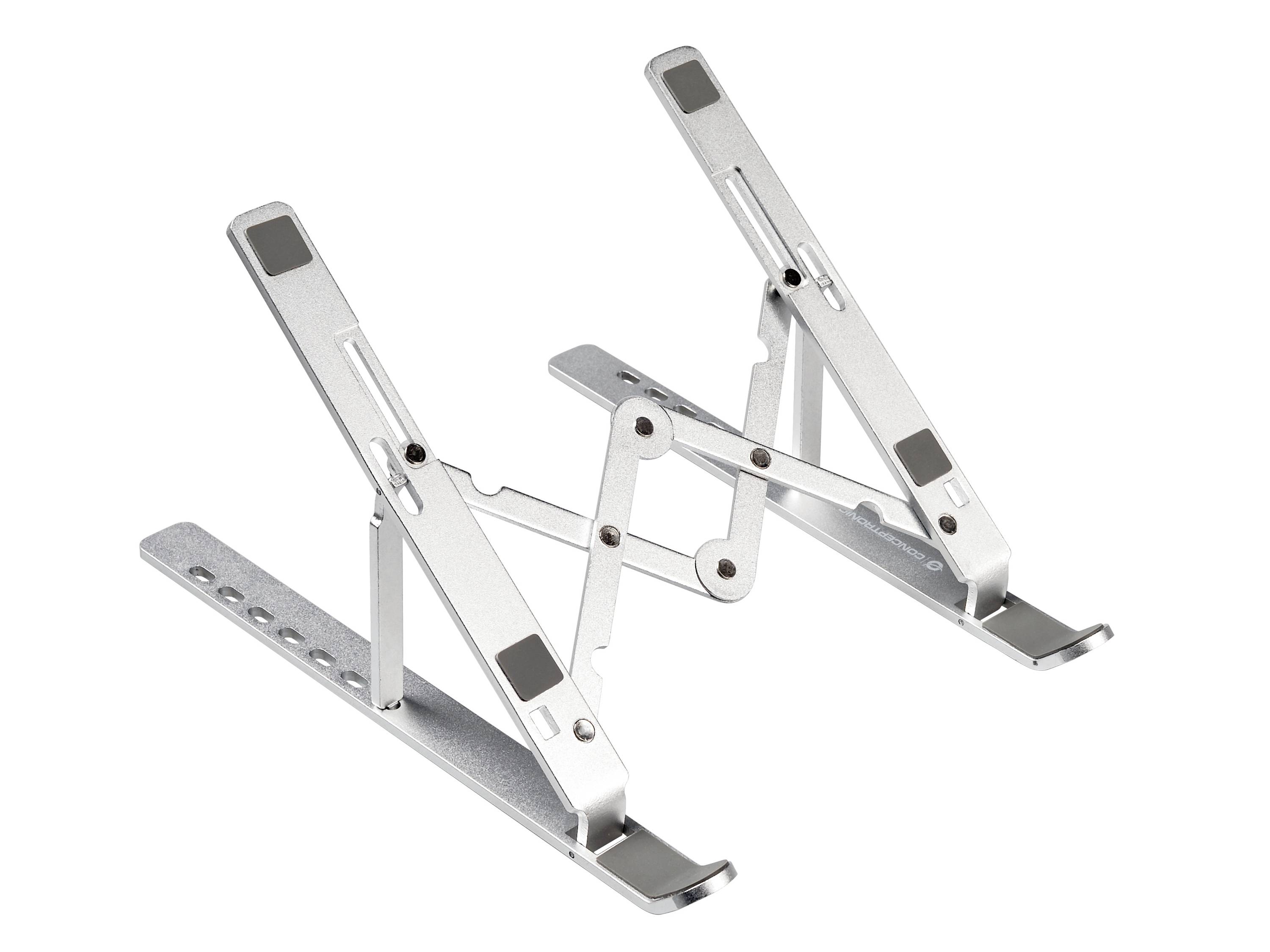 Zilverkleurige verstelbare laptopstandaard met twee hoekige steunarmmen en rubberen pads, weergegeven uitgevouwen op een witte achtergrond.