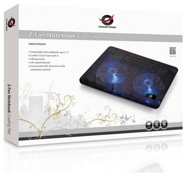 Productdoos voor een Conectronics 2-ventilator notebook koelpad, met een zwarte laptopstandaard met blauw verlichte ventilators en compatibiliteitsdetails.