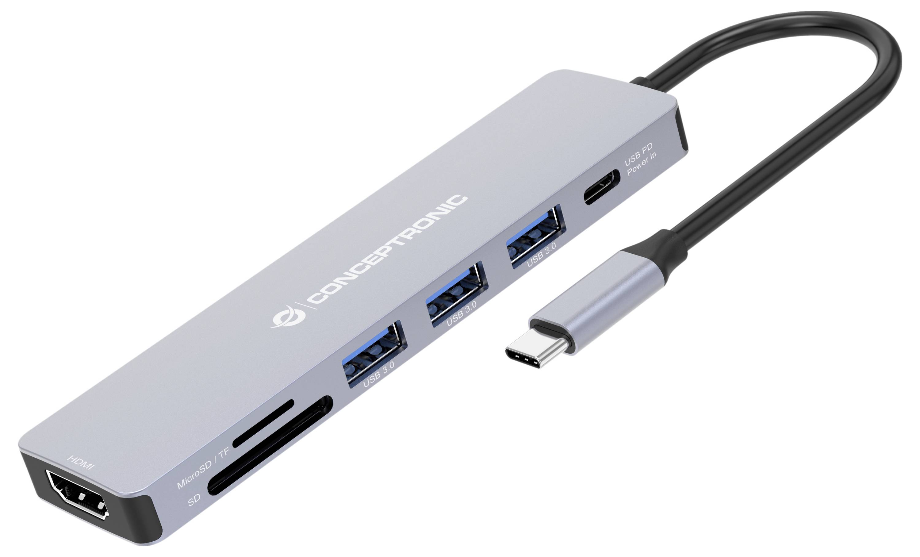 Zilveren USB-C hub met aangesloten kabel, voorzien van meerdere USB-poorten, SD- en microSD-kaartsleuf, en een HDMI-poort voor het aansluiten van randapparatuur op een laptop.