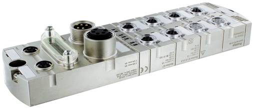 Metalen industrieel spruitstuk-kleppenbloк met meerdere pneumatische/elektrische aansluitingen en connectoren op een witte achtergrond.
