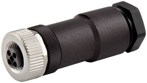 Zwarte cilindrische elektrische connector met zilveren schroefdraad voorkant en multi-pin voet