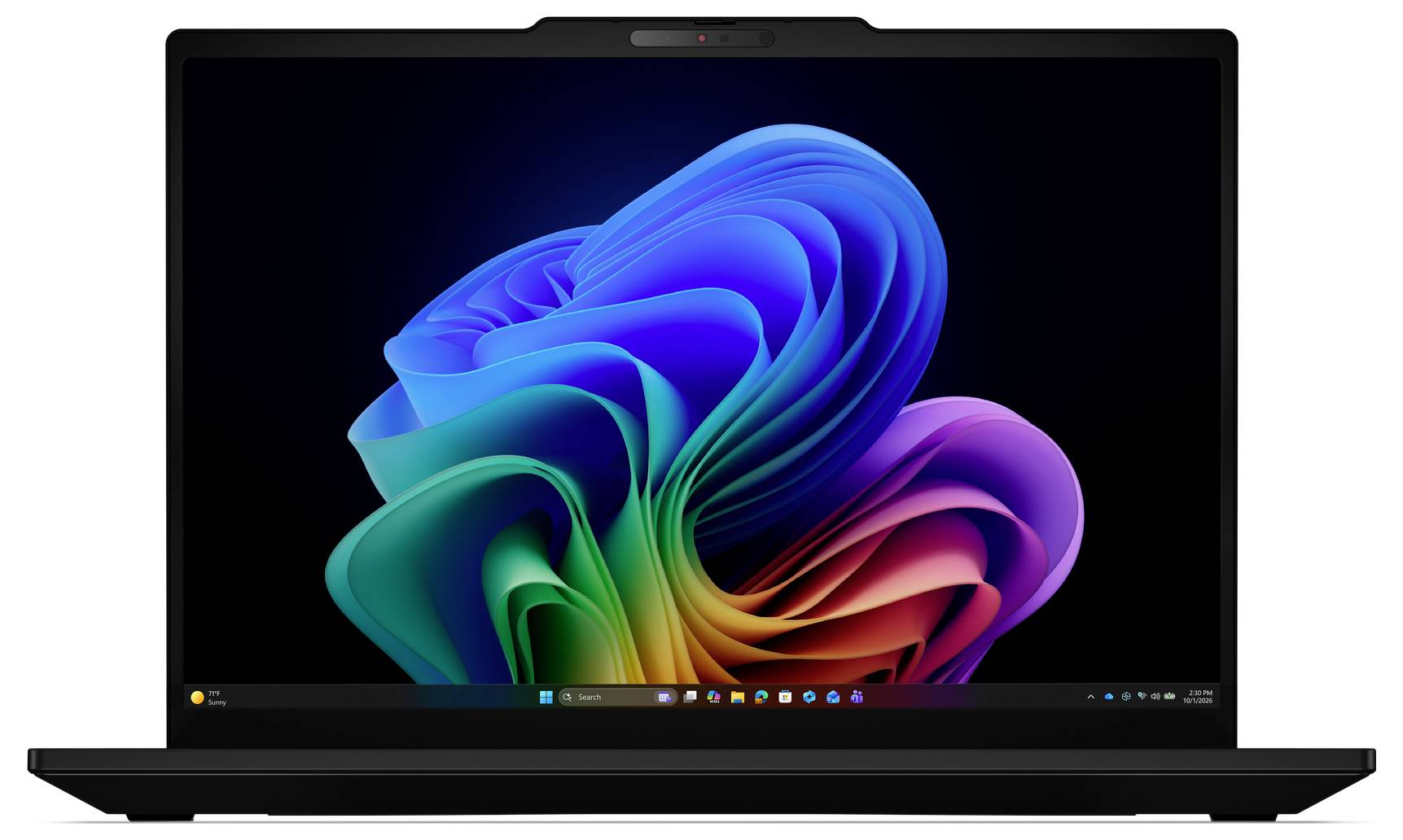 Vooraanzicht van een zwarte laptop met een kleurrijk abstract Windows-achtig swirl-behang op het scherm.