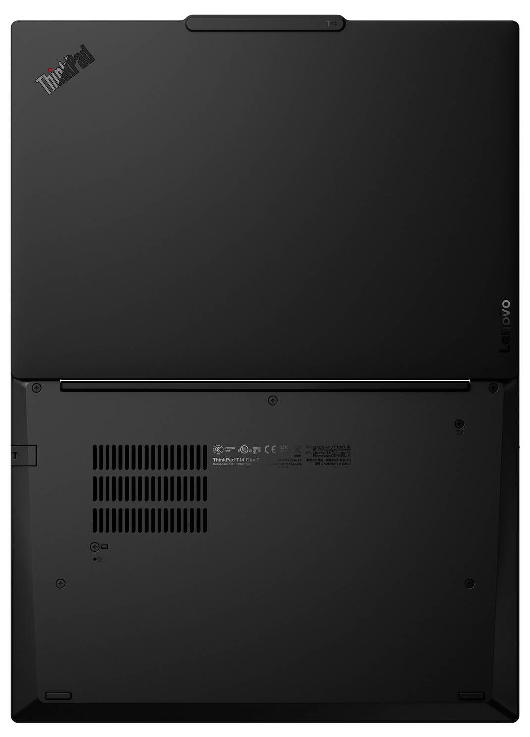 Onderaanzicht van een zwarte Lenovo ThinkPad-laptop, met het ThinkPad-logo, ventilatieroostertes en onderkant panelen.