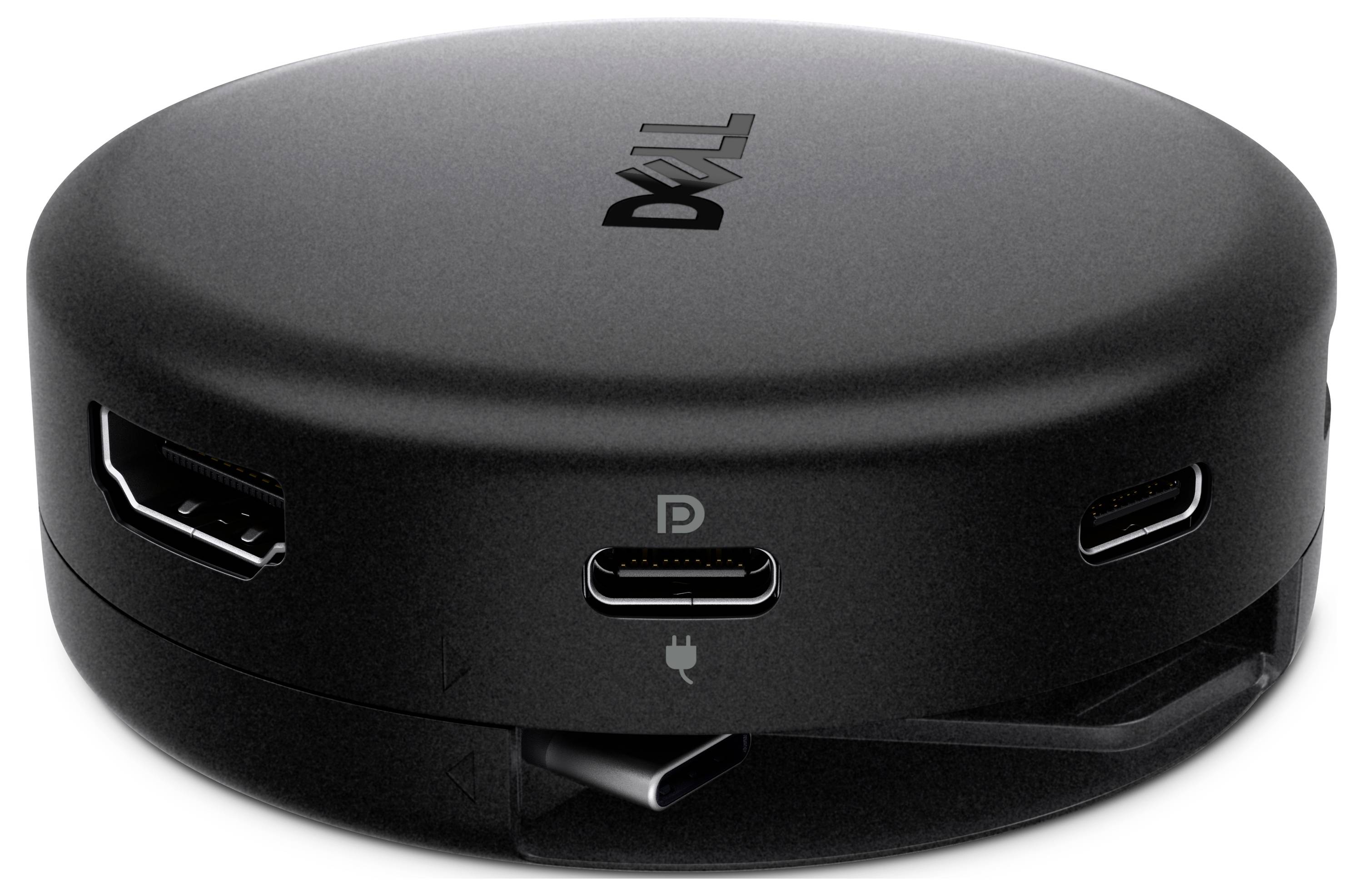 Zwarte Dell dockingstation met meerdere poorten, inclusief HDMI, USB-C en USB, weergegeven op een witte achtergrond.