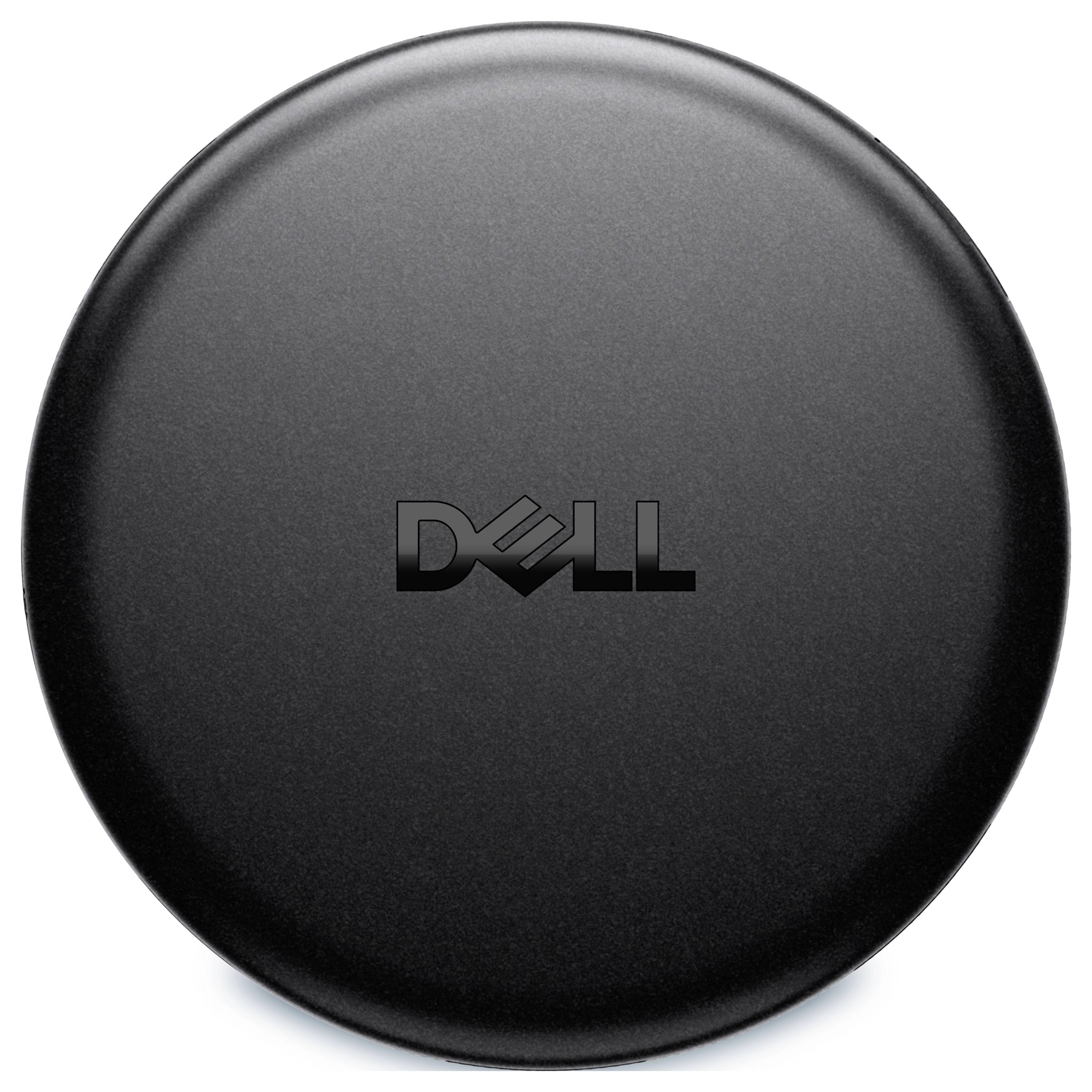 Man die een desktopcomputer op een bureau gebruikt tijdens een videogesprek; Duitse advertentietekst luidt 'Altijd klaar voor audio, overal' en promoot Poly Studio voor conferencing.