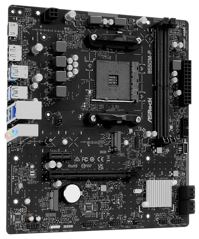 ASRock B650M-P moederbord met AMD AM5 CPU-socket, DDR5-geheugenslots, PCIe-slots, USB- en audiohaven, en chipset-koellichaam.
