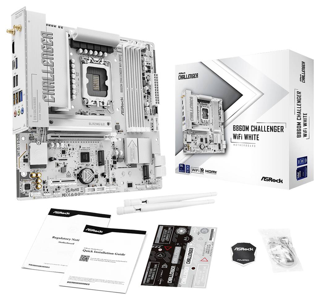 ASRock B860M Challenger WiFi White moederbord getoond met verpakking en bijgeleverde accessoires, inclusief handleidingen, stickers, kabels en antenne.