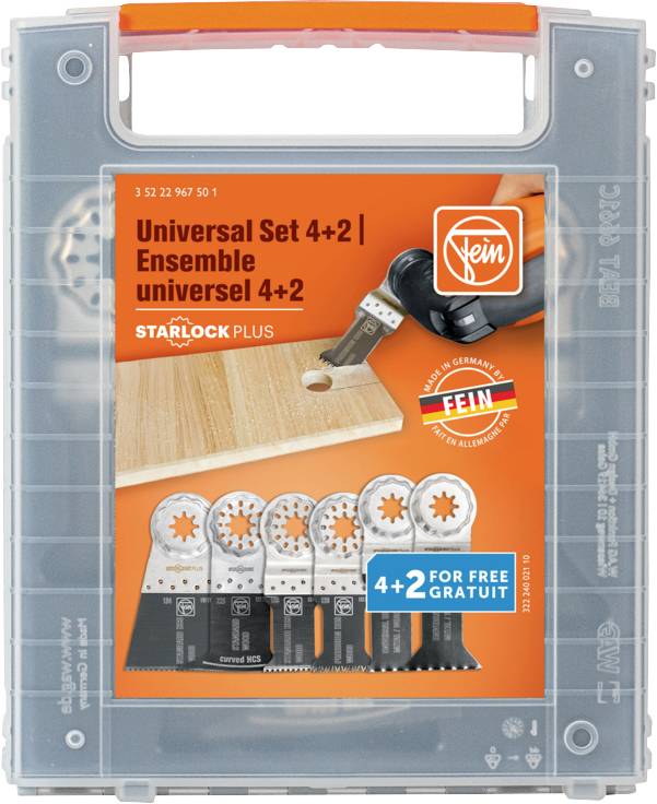 Kunststofhoes met een FEIN 'Universal Set 4+2' STARLOCK PLUS oscillerende gereedschaphaccessoiresset, met zes zaagbladen weergegeven op een oranje etiket.
